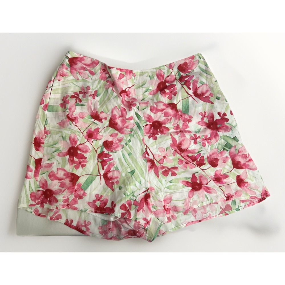 Leith Women's Shorts Size Large Floral Stretch White Pink Paperbag High Rise~NWT